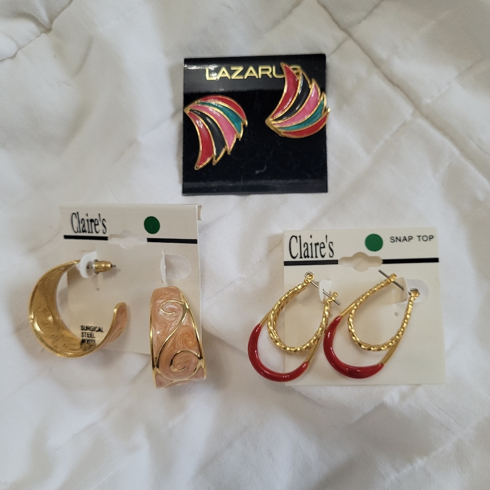 3 Pairs Vintage 80s 90s Gold Toned Enamel Earrings Bundle Lot